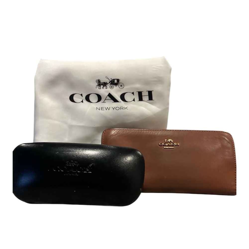 Authentic Coach Set - Tan Leather Wallet + Black Sunglasses Case + Dust Bag